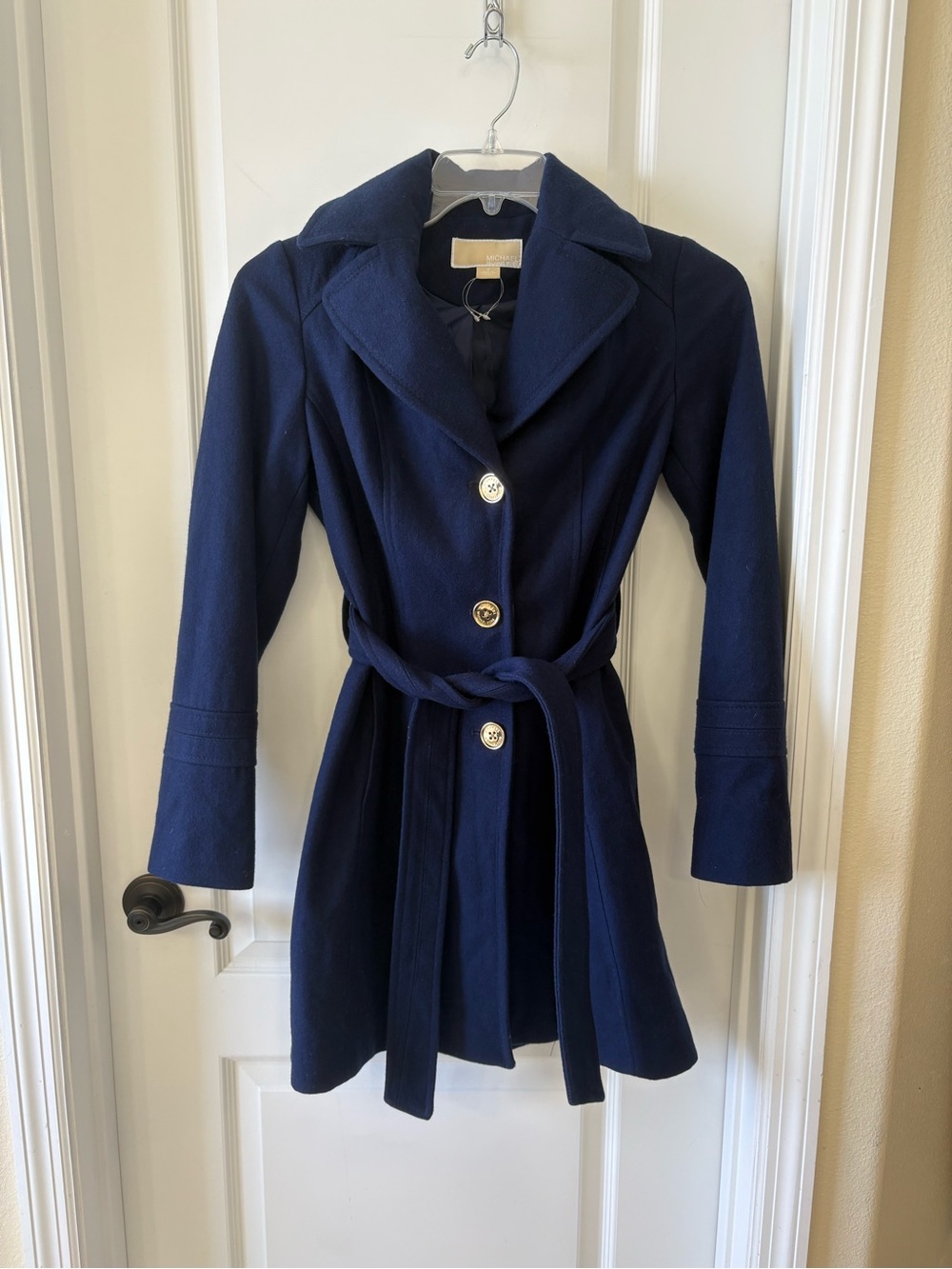 MICHAEL Michael Kors Navy Wool Blend Belted Hooded Coat Size 2 NWOT